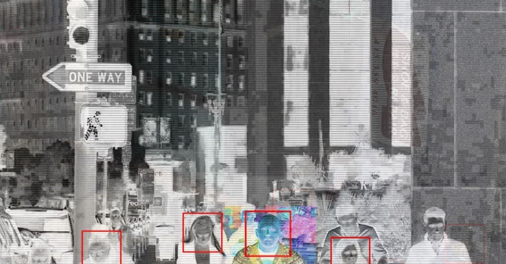 Image of people by camera with facial recognition software